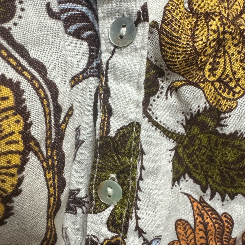 Nicole Miller Linen Blouse With Autumn Color Floral and Bird Pattern - Picture 4 of 5